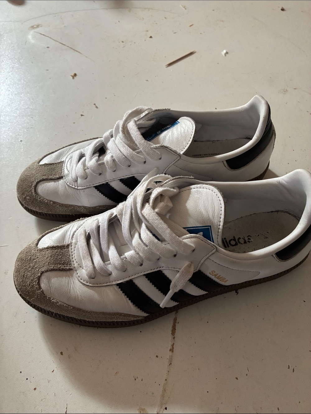 adidas White Sneakers with Black Stripes and Tan Suede Toe